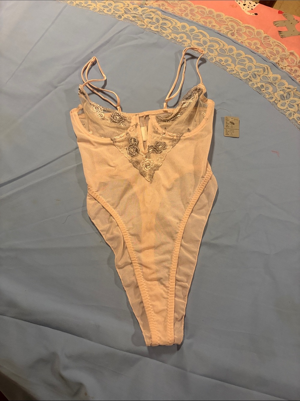 Vintage Sheer Lace-Trim Bodysuit in Light Pink new